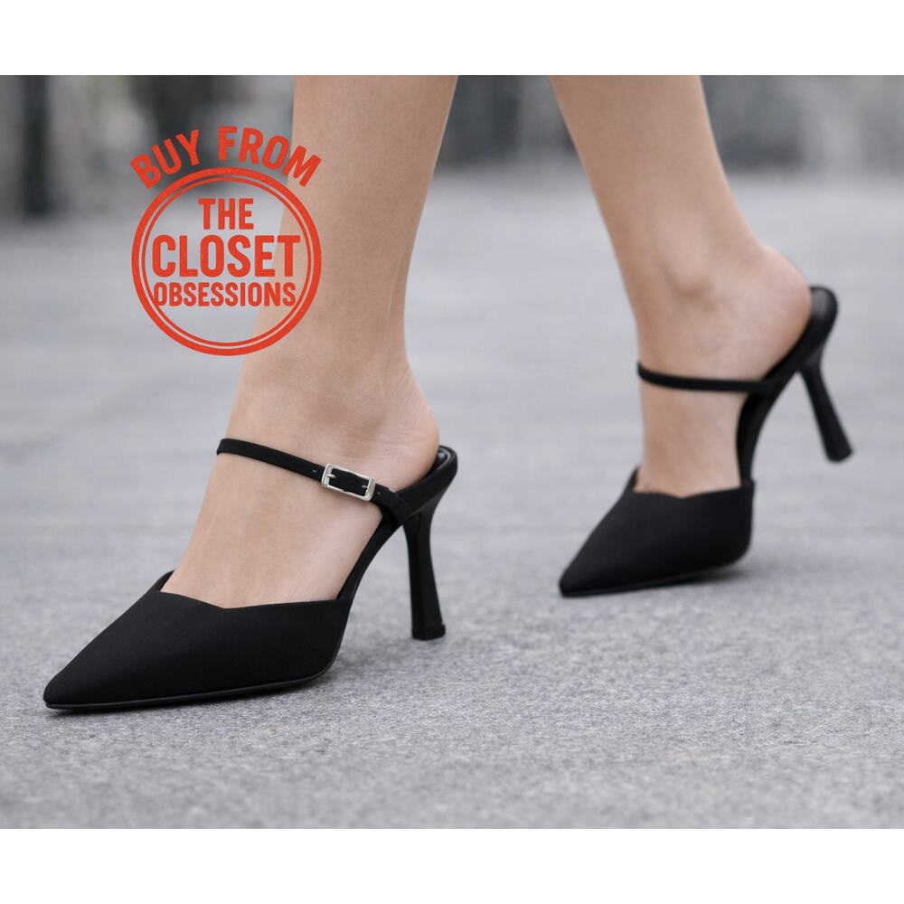 ZARA Minimalist Black Slingback Mule Heels Pointed Toe NWT